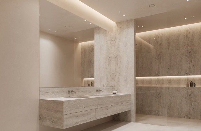 Bathroom with natural stone cladding